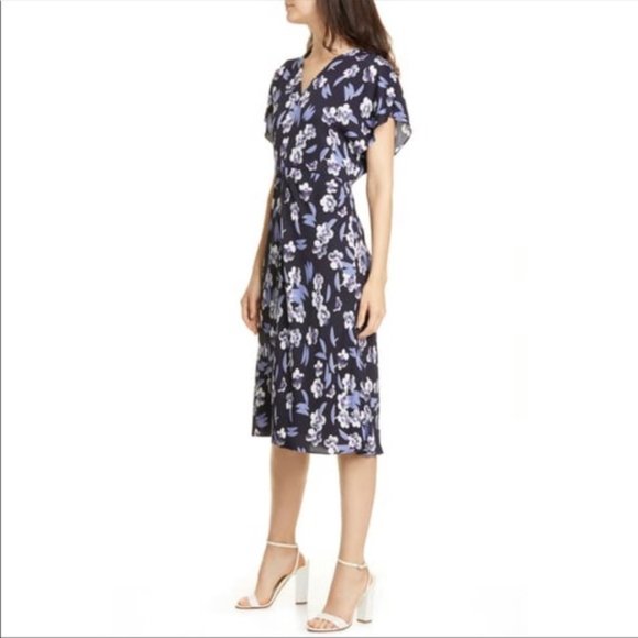 NWT Lewit Floral Print V-Neck Navy Night Cocktail Casual Flutter Sleeve Dress 14 - Picture 2 of 6